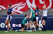 2 August 2025; Méabh Deely of Ireland, left, is congratulated by team-mate Eve Higgins after scoring her side's second try during the Women's Rugby World Cup warm-up match between Ireland and Scotland at Virgin Media Park in Cork. Photo by Shauna Clinton/Sportsfile