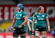 2 August 2025; Brittany Hogan of Ireland, left, and team-mates during the Women's Rugby World Cup warm-up match between Ireland and Scotland at Virgin Media Park in Cork. Photo by Shauna Clinton/Sportsfile