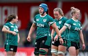 2 August 2025; Brittany Hogan of Ireland, left, and team-mates during the Women's Rugby World Cup warm-up match between Ireland and Scotland at Virgin Media Park in Cork. Photo by Shauna Clinton/Sportsfile