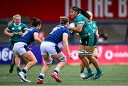 2 August 2025; Ivana Kiripati of Ireland in action against Scotland players Caity Mattinson, left, and Alex Stewart during the Women's Rugby World Cup warm-up match between Ireland and Scotland at Virgin Media Park in Cork. Photo by Shauna Clinton/Sportsfile