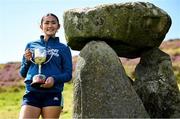 4 August 2025; Camogie Under 16 winner Siofra Ginty of Offaly with the trophy after the M. Donnelly GAA Poc Fada All-Ireland Finals at Annaverna Mountain in the Cooley Peninsula, Ravensdale, Louth. Photo by Shauna Clinton/Sportsfile