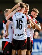 4 August 2025; Dean Ebbe of Dundalk, second from right, celebrates with teammates Daryl Horgan, left, Eoin Kenny, 16, and John Ross Wilson, right, after scoring his side's second goal during the SSE Airtricity Men's First Division match between Dundalk and Longford Town at Oriel Park in Dundalk, Louth. Photo by Thomas Flinkow/Sportsfile