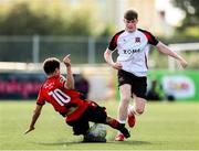 4 August 2025; Vinnie Leonard of Dundalk is tackled by Mohammed Boudiaf of Longford Town during the SSE Airtricity Men's First Division match between Dundalk and Longford Town at Oriel Park in Dundalk, Louth. Photo by Thomas Flinkow/Sportsfile