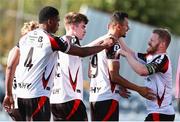 4 August 2025; Dean Ebbe of Dundalk, second from right, celebrates with teammates, including Daryl Horgan, right, after scoring his side's third goal during the SSE Airtricity Men's First Division match between Dundalk and Longford Town at Oriel Park in Dundalk, Louth. Photo by Thomas Flinkow/Sportsfile