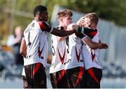 4 August 2025; Dean Ebbe of Dundalk, second from right, celebrates with teammates, from left, Mayowa Animasahun, Eoin Kenny, and Daryl Horgan after scoring his side's third goal during the SSE Airtricity Men's First Division match between Dundalk and Longford Town at Oriel Park in Dundalk, Louth. Photo by Thomas Flinkow/Sportsfile