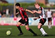 4 August 2025; Mohammed Boudiaf of Longford Town in action against Rohan Vaughan of Dundalk during the SSE Airtricity Men's First Division match between Dundalk and Longford Town at Oriel Park in Dundalk, Louth. Photo by Thomas Flinkow/Sportsfile