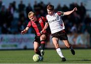 4 August 2025; Eoin Kenny of Dundalk in action against Dean O'Shea of Longford Town during the SSE Airtricity Men's First Division match between Dundalk and Longford Town at Oriel Park in Dundalk, Louth. Photo by Thomas Flinkow/Sportsfile