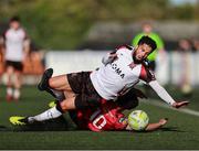 4 August 2025; Declan McDaid of Dundalk in action against Mohammed Boudiaf of Longford Town during the SSE Airtricity Men's First Division match between Dundalk and Longford Town at Oriel Park in Dundalk, Louth. Photo by Thomas Flinkow/Sportsfile