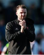 4 August 2025; Dundalk manager Ciaran Kilduff applauds the supporters after the SSE Airtricity Men's First Division match between Dundalk and Longford Town at Oriel Park in Dundalk, Louth. Photo by Thomas Flinkow/Sportsfile
