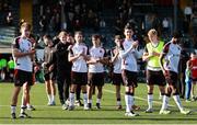 4 August 2025; Dundalk players applaud their supporters after the SSE Airtricity Men's First Division match between Dundalk and Longford Town at Oriel Park in Dundalk, Louth. Photo by Thomas Flinkow/Sportsfile