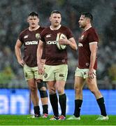 2 August 2025; British & Irish Lions players, from left, Dan Sheehan, Finn Russell and Hugo Keenan during the third test match between Australia and the British & Irish Lions at Accor Stadium in Sydney, Australia. Photo by Brendan Moran/Sportsfile