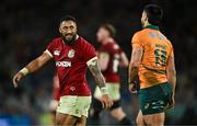 2 August 2025; Bundee Aki of British & Irish Lions, left, and Tom Wright of Australia during the third test match between Australia and the British & Irish Lions at Accor Stadium in Sydney, Australia. Photo by Brendan Moran/Sportsfile
