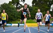 2 August 2025; Marcus Lawler of Clonliffe Harriers AC, Dublin, centre, on his way to winning the senior men's 200m final during day one of the 153rd 123.ie National Track & Field Senior Championships at Morton Stadium in Dublin. Photo by Sam Barnes/Sportsfile