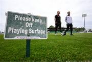3 August 2025; Derry City goalkeeping coach Anthony Fennelly and goalkeeper Brian Maher, right, before the SSE Airtricity Men's Premier Division match between Shamrock Rovers and Derry City at Tallaght Stadium in Dublin.  Photo by Stephen McCarthy/Sportsfile