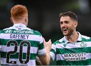 3 August 2025; Rory Gaffney is congratulated by his Shamrock Rovers team-mate Lee Grace, right, after scoring their side's first goal during the SSE Airtricity Men's Premier Division match between Shamrock Rovers and Derry City at Tallaght Stadium in Dublin.  Photo by Stephen McCarthy/Sportsfile