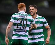 3 August 2025; Rory Gaffney is congratulated by his Shamrock Rovers team-mate Lee Grace, right, after scoring their side's first goal during the SSE Airtricity Men's Premier Division match between Shamrock Rovers and Derry City at Tallaght Stadium in Dublin.  Photo by Stephen McCarthy/Sportsfile