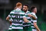 3 August 2025; Rory Gaffney is congratulated by his Shamrock Rovers team-mate Roberto Lopes, right, after scoring their side's first goal during the SSE Airtricity Men's Premier Division match between Shamrock Rovers and Derry City at Tallaght Stadium in Dublin.  Photo by Stephen McCarthy/Sportsfile