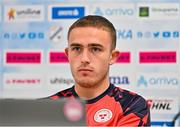 5 August 2025; Evan Caffrey of Shelbourne during a Shelbourne press conference at HNK Rijeka Stadium Rujevica in Croatia. Photo by Igor Kupljenik/Sportsfile