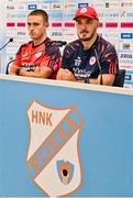5 August 2025; Shelbourne head coach Joey O'Brien, right, and Evan Caffrey during a Shelbourne press conference at HNK Rijeka Stadium Rujevica in Croatia. Photo by Igor Kupljenik/Sportsfile