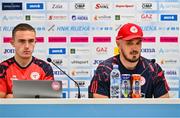 5 August 2025; Shelbourne head coach Joey O'Brien, right, and Evan Caffrey during a Shelbourne press conference at HNK Rijeka Stadium Rujevica in Croatia. Photo by Igor Kupljenik/Sportsfile
