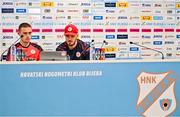 5 August 2025; Shelbourne head coach Joey O'Brien, right, and Evan Caffrey during a Shelbourne press conference at HNK Rijeka Stadium Rujevica in Croatia. Photo by Igor Kupljenik/Sportsfile