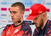 5 August 2025; Evan Caffrey, left, and Shelbourne head coach Joey O'Brien during a Shelbourne press conference at HNK Rijeka Stadium Rujevica in Croatia. Photo by Igor Kupljenik/Sportsfile