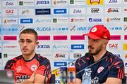 5 August 2025; Shelbourne head coach Joey O'Brien, right, and Evan Caffrey during a Shelbourne press conference at HNK Rijeka Stadium Rujevica in Croatia. Photo by Igor Kupljenik/Sportsfile