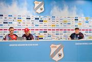5 August 2025; Shelbourne head coach Joey O'Brien and Evan Caffrey, left, in the company of media officer Ben Cleary during a Shelbourne press conference at HNK Rijeka Stadium Rujevica in Croatia. Photo by Igor Kupljenik/Sportsfile