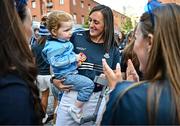 5 August 2025; Hannah Tyrrell of Dublin, with her daughter Aoife, age 2, during the homecoming of TG4 All-Ireland Ladies Senior Football Champions, Dublin, at Smithfield Square in Dublin. Photo by Sam Barnes/Sportsfile