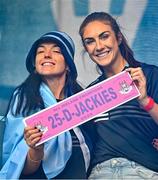 5 August 2025; Sinéad Goldrick, left, and Éilish O'Dowd during the homecoming of TG4 All-Ireland Ladies Senior Football Champions, Dublin, at Smithfield Square in Dublin. Photo by Sam Barnes/Sportsfile