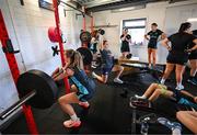 5 August 2025; Leah Tarpey, centre, during a Leinster Rugby women's squad training and gym session at The High School in Rathgar, Dublin. Photo by David Fitzgerald/Sportsfile