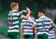 3 August 2025; Rory Gaffney of Shamrock Rovers signals to the bench to replace him with a substitute, shortly after scoring his side's second goal during the SSE Airtricity Men's Premier Division match between Shamrock Rovers and Derry City at Tallaght Stadium in Dublin.  Photo by Stephen McCarthy/Sportsfile