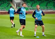 6 August 2025; Chris Forrester and Brandon Kavanagh, right, during a St Patrick's Athletic training session at Tallaght Stadium in Dublin. Photo by Stephen McCarthy/Sportsfile