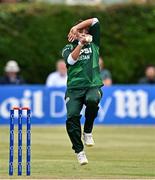 6 August 2025; Pakistan bowler Fatima Sana during match one of the Women's T20 International Series between Ireland and Pakistan at Clontarf Cricket Club in Dublin. Photo by Sam Barnes/Sportsfile