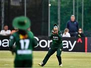 6 August 2025; Sidra Amin of Pakistan, right, catches out Ava Canning of Ireland during match one of the Women's T20 International Series between Ireland and Pakistan at Clontarf Cricket Club in Dublin. Photo by Sam Barnes/Sportsfile