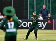 6 August 2025; Sidra Amin of Pakistan, right, catches out Ava Canning of Ireland during match one of the Women's T20 International Series between Ireland and Pakistan at Clontarf Cricket Club in Dublin. Photo by Sam Barnes/Sportsfile
