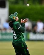 6 August 2025; Fatima Sana of Pakistan catches out Rebecca Stokell of Ireland during match one of the Women's T20 International Series between Ireland and Pakistan at Clontarf Cricket Club in Dublin. Photo by Sam Barnes/Sportsfile