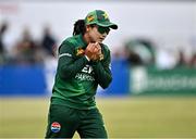 6 August 2025; Fatima Sana of Pakistan catches out Rebecca Stokell of Ireland during match one of the Women's T20 International Series between Ireland and Pakistan at Clontarf Cricket Club in Dublin. Photo by Sam Barnes/Sportsfile