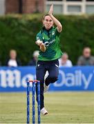 6 August 2025; Ireland bowler Orla Prendergast during match one of the Women's T20 International Series between Ireland and Pakistan at Clontarf Cricket Club in Dublin. Photo by Sam Barnes/Sportsfile