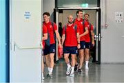 6 August 2025; Shelbourne players, including Mark Coyle, centre, arrive before the UEFA Europa League third qualifying round first leg match between Rijeka and Shelbourne at HNK Rijeka Stadium Rujevica in Rijeka, Croatia. Photo by Igor Kupjlenik/Sportsfile