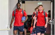 6 August 2025; Shelbourne players Mipo Odubeko, left, and Kameron Ledwidge arrive before the UEFA Europa League third qualifying round first leg match between Rijeka and Shelbourne at HNK Rijeka Stadium Rujevica in Rijeka, Croatia. Photo by Igor Kupjlenik/Sportsfile