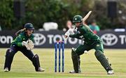 6 August 2025; Pakistan batter Aliya Riaz plays a shot watched by Ireland wicketkeeper Amy Hunter during match one of the Women's T20 International Series between Ireland and Pakistan at Clontarf Cricket Club in Dublin. Photo by Sam Barnes/Sportsfile
