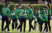 6 August 2025; Jane Maguire of Ireland,  centre, celebrates with teammates after bowling Gull Feroza of Pakistan during match one of the Women's T20 International Series between Ireland and Pakistan at Clontarf Cricket Club in Dublin. Photo by Sam Barnes/Sportsfile