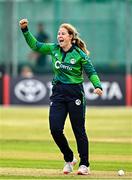 6 August 2025; Cara Murray of Ireland celebrates after running oyut Eyman Fatima of Pakistan during match one of the Women's T20 International Series between Ireland and Pakistan at Clontarf Cricket Club in Dublin. Photo by Sam Barnes/Sportsfile
