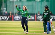 6 August 2025; Cara Murray of Ireland celebrates after running oyut Eyman Fatima of Pakistan during match one of the Women's T20 International Series between Ireland and Pakistan at Clontarf Cricket Club in Dublin. Photo by Sam Barnes/Sportsfile