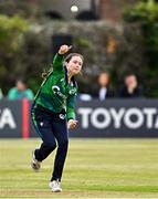 6 August 2025; Ireland bowler Lara McBride during match one of the Women's T20 International Series between Ireland and Pakistan at Clontarf Cricket Club in Dublin. Photo by Sam Barnes/Sportsfile