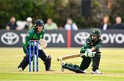 6 August 2025; Pakistan batter Rameen Shamim plays a shotwatched by Ireland wicketkeeper Amy Hunter during match one of the Women's T20 International Series between Ireland and Pakistan at Clontarf Cricket Club in Dublin. Photo by Sam Barnes/Sportsfile