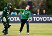 6 August 2025; Ireland bowler Lara McBride during match one of the Women's T20 International Series between Ireland and Pakistan at Clontarf Cricket Club in Dublin. Photo by Sam Barnes/Sportsfile