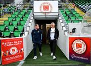 6 August 2025; Besiktas head coach Ole Gunnar Solskjaer with St Patrick's Athletic head of media Jamie Moore before a Besiktas media conference at Tallaght Stadium in Dublin. Photo by Stephen McCarthy/Sportsfile
