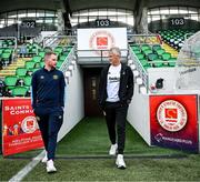 6 August 2025; Besiktas head coach Ole Gunnar Solskjaer with St Patrick's Athletic head of media Jamie Moore before a Besiktas media conference at Tallaght Stadium in Dublin. Photo by Stephen McCarthy/Sportsfile